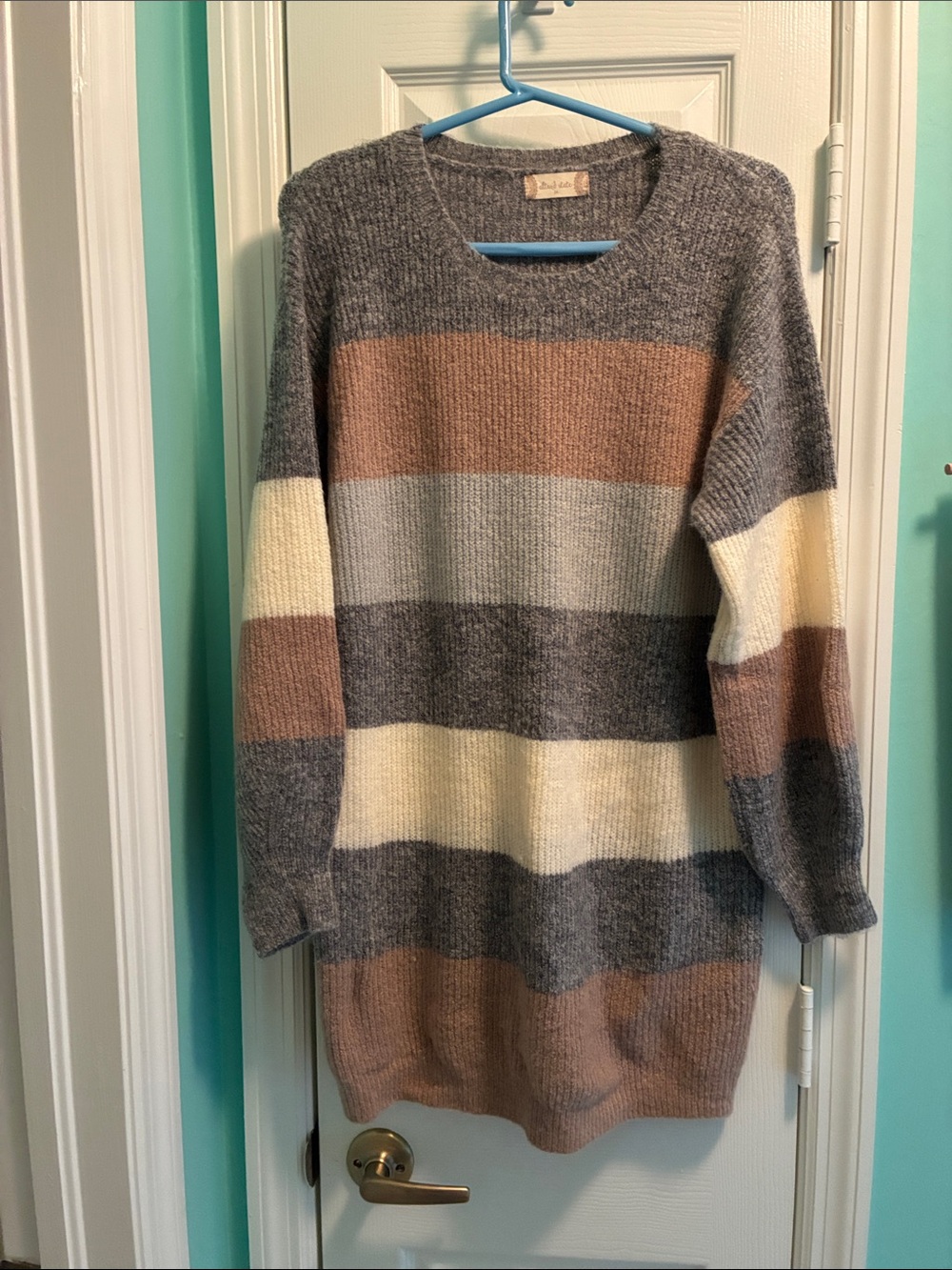 Altar'd State Gray Cream & Brown Striped Crewneck Sweater Dress